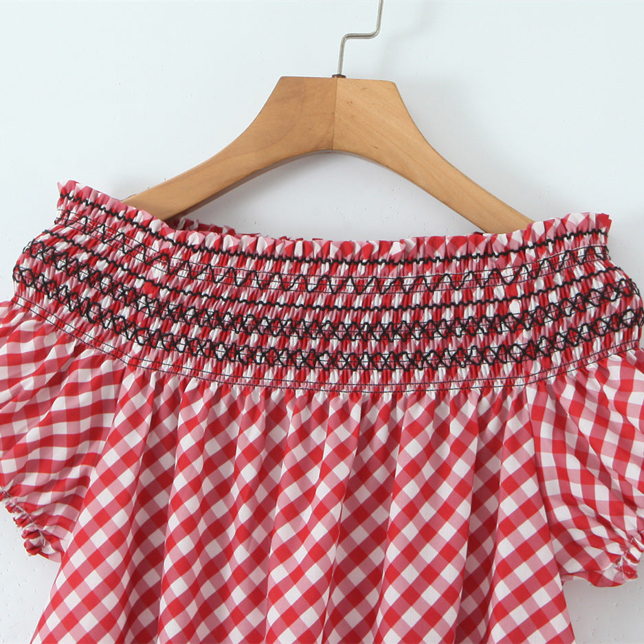 Red Gingham Off-Shoulder Ruffle Midi Dress