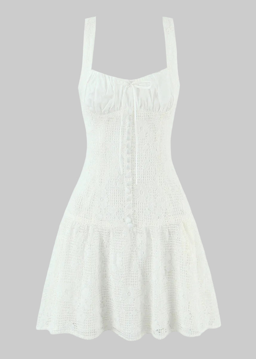 Romantic Boho Button-Front Sundress with Sweetheart Bow Lace Mini