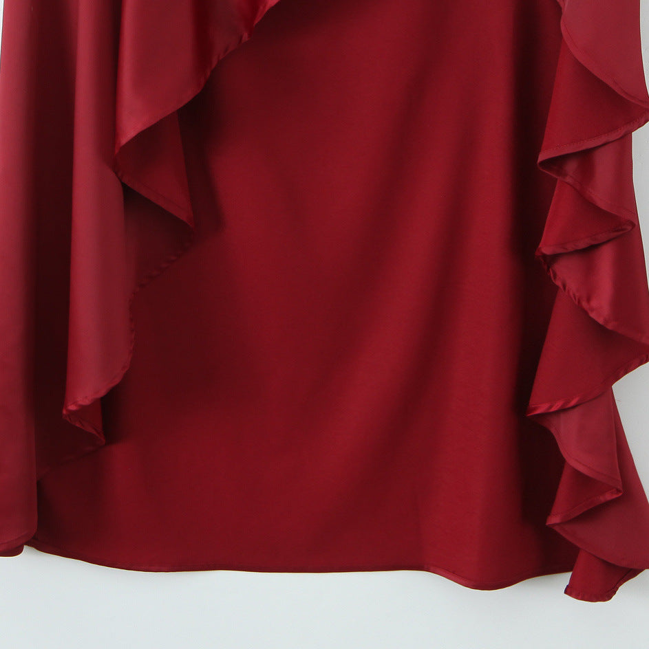 Burgundy Satin Asymmetric Ruffle Maxi Dress