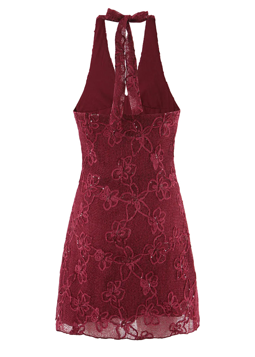 Burgundy Floral Mesh Velvet Lace Sequin Halter Mini Dress with Tie Back