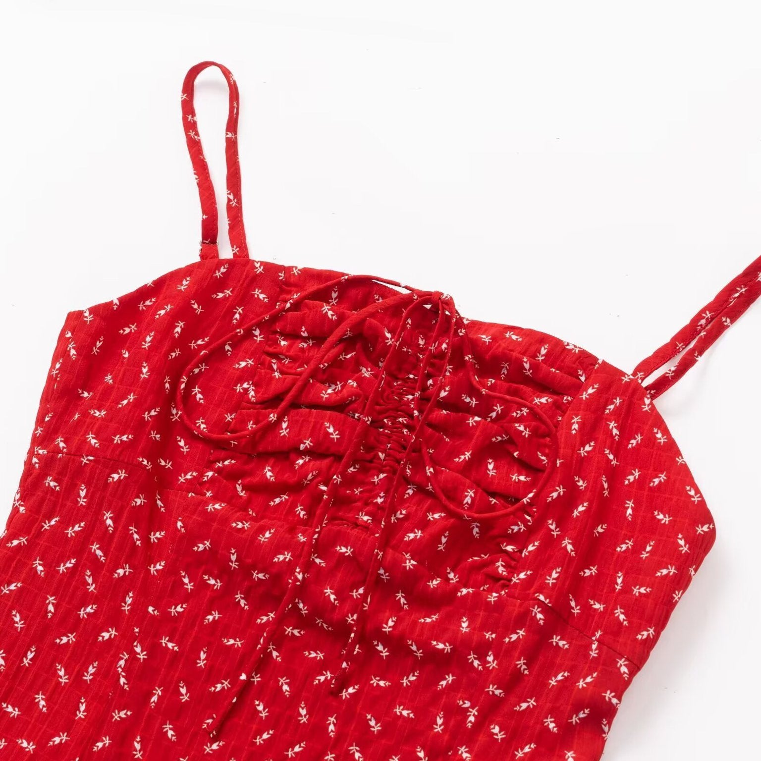 Red Ditsy Floral Smocked Midi Dress