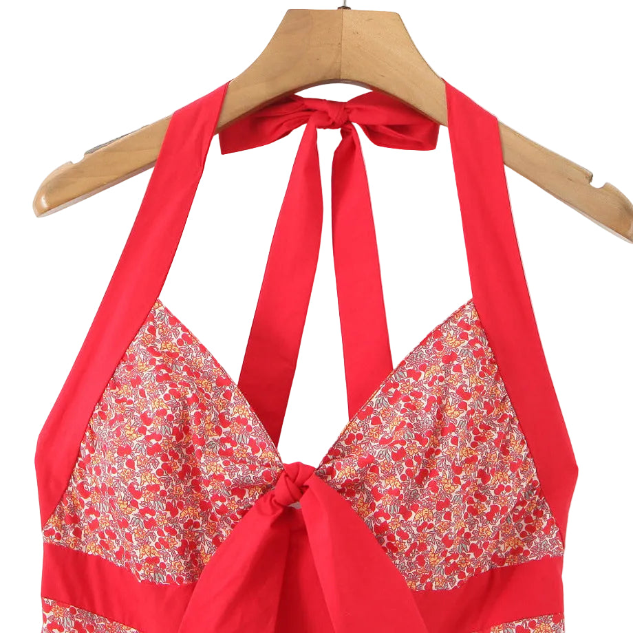 Red Floral Halter Midi Dress