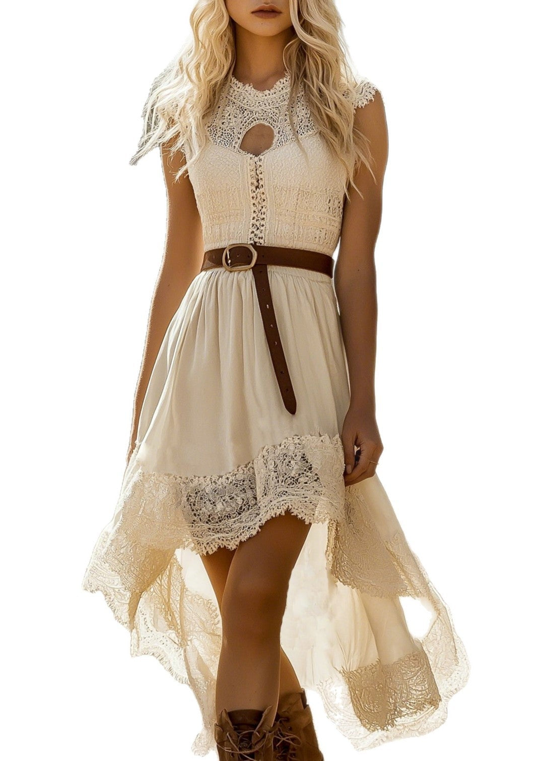 Boho Cotton Lace High-Low Midi Dress
