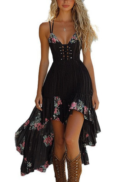 Black Floral Corset High-Low Mini Dress | Boho Romantic Lace-Up Pleated Gypsy Sundress