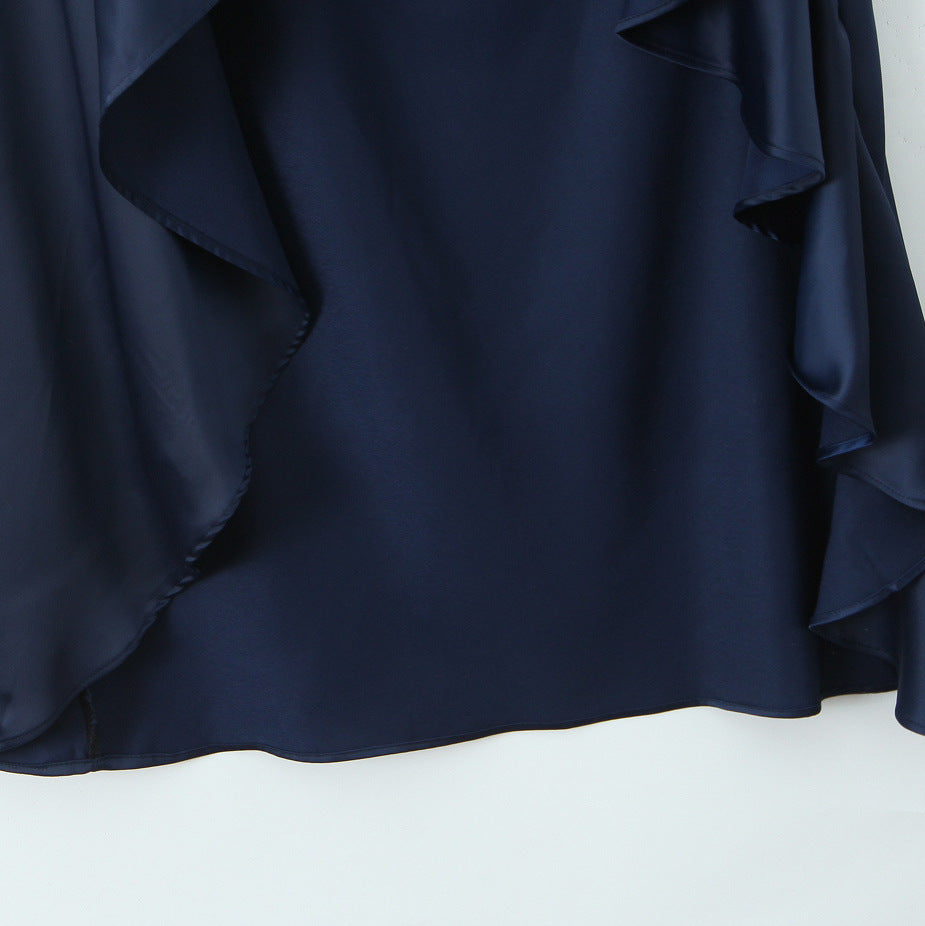 Midnight Navy Satin Asymmetric Ruffle Maxi Dress
