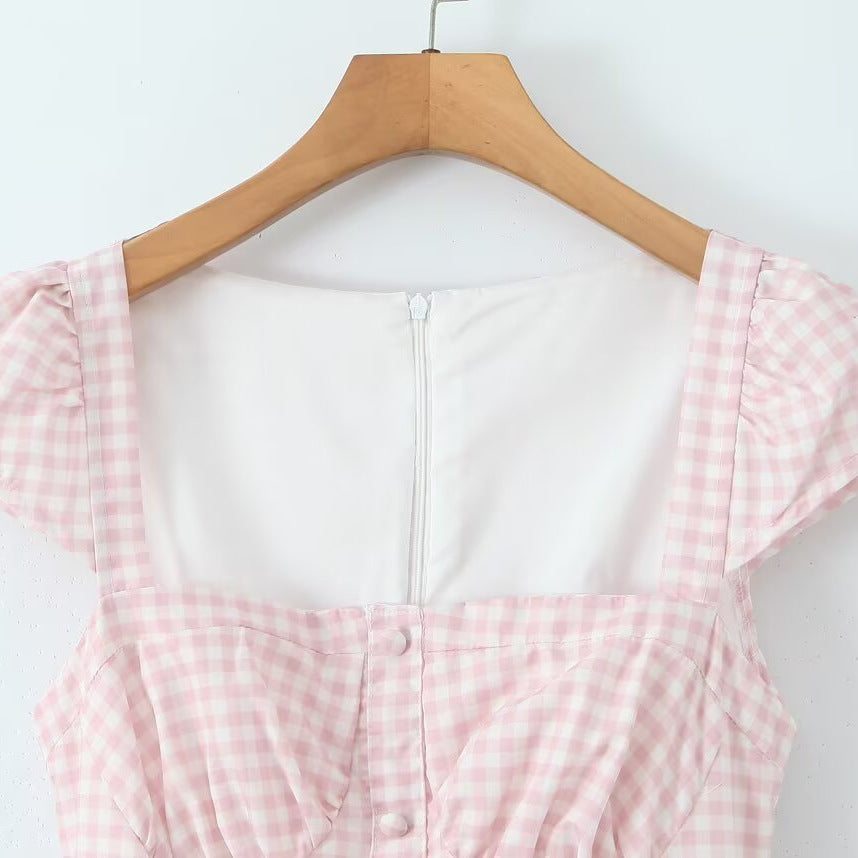 Blush Pink Gingham Corset Midi Dress | Romantic Boho Puff Sleeve Button-Front Gown