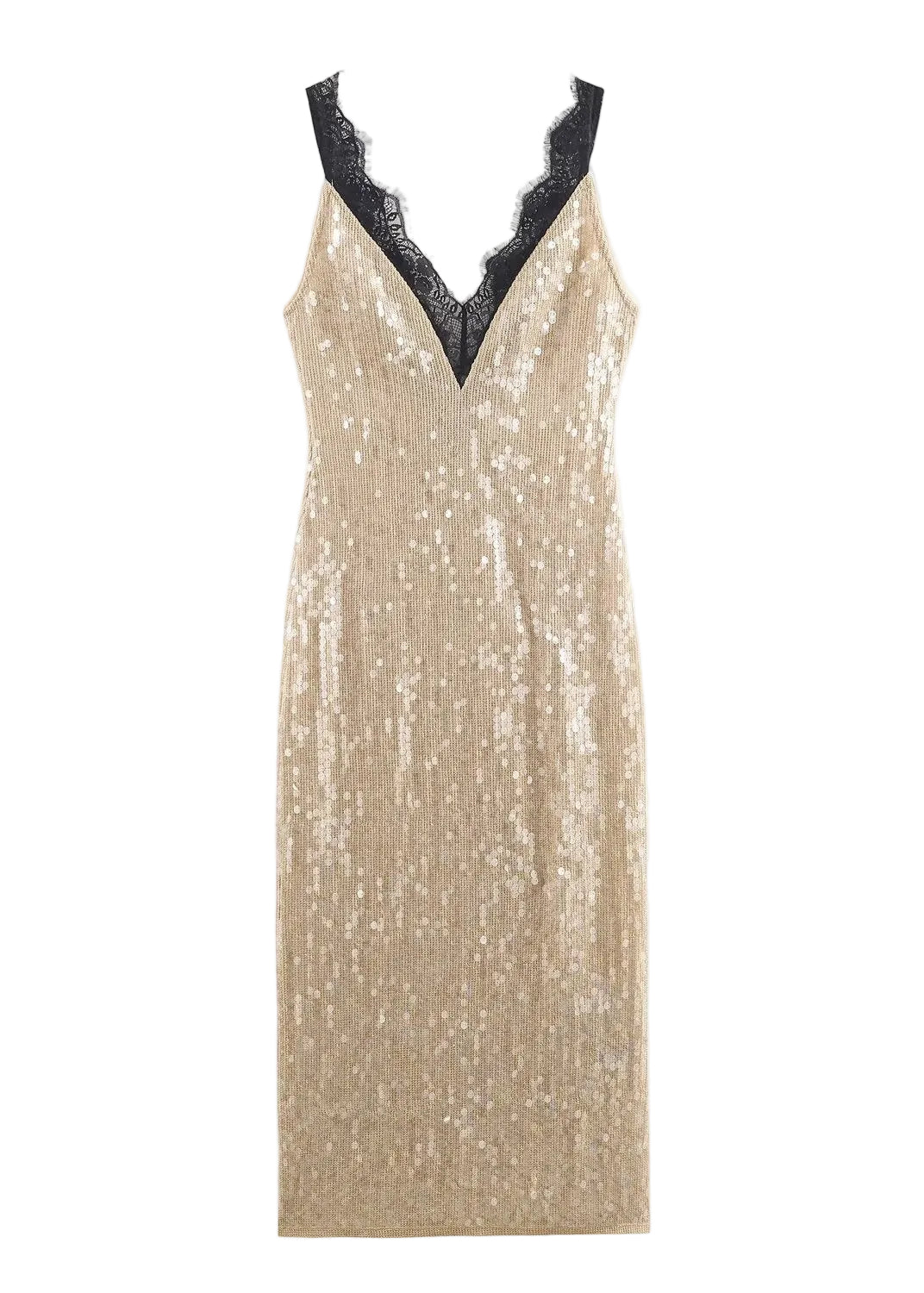 Champagne Gold Sequin Lace Trim Maxi Dress