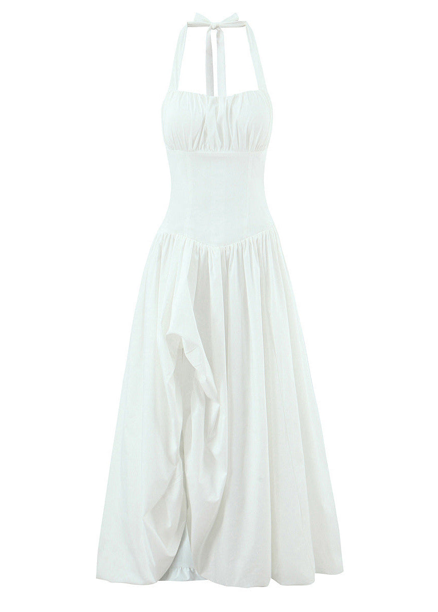 White Halter Corset Asymmetrical Ruffle High-Low Maxi with Bow Tie