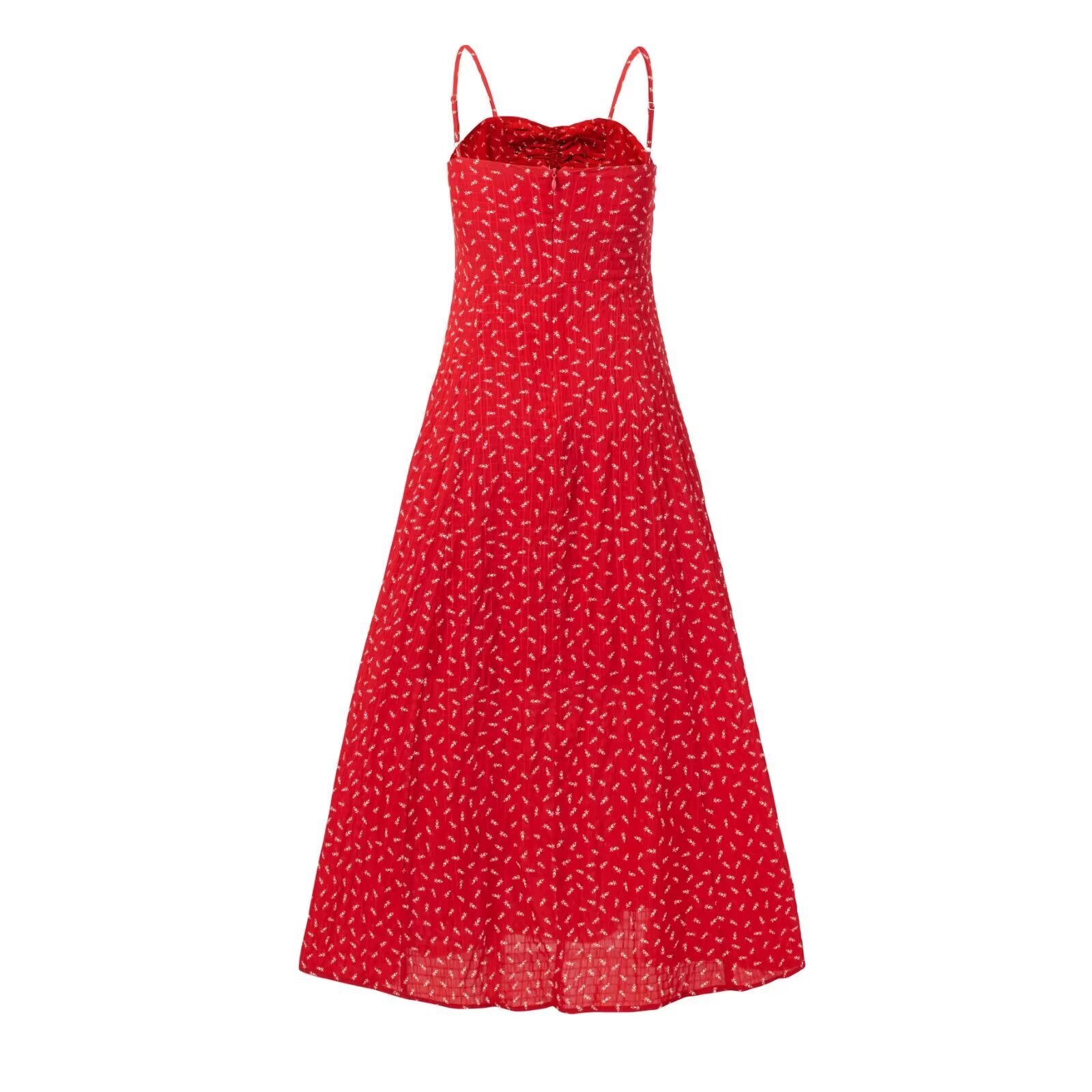 Red Ditsy Floral Smocked Midi Dress
