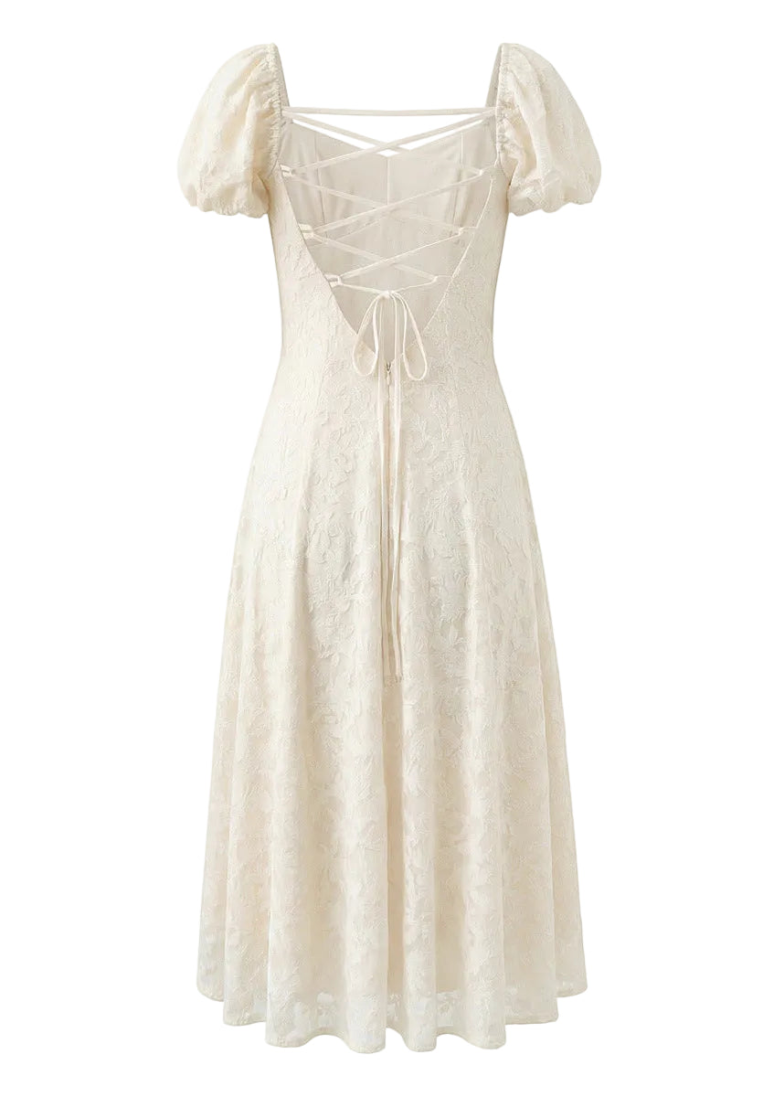 Cream Lace Puff Sleeve Midi Dress