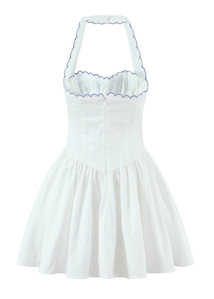 Ivory Embroidered Forget-Me-Not Halter Mini Dress