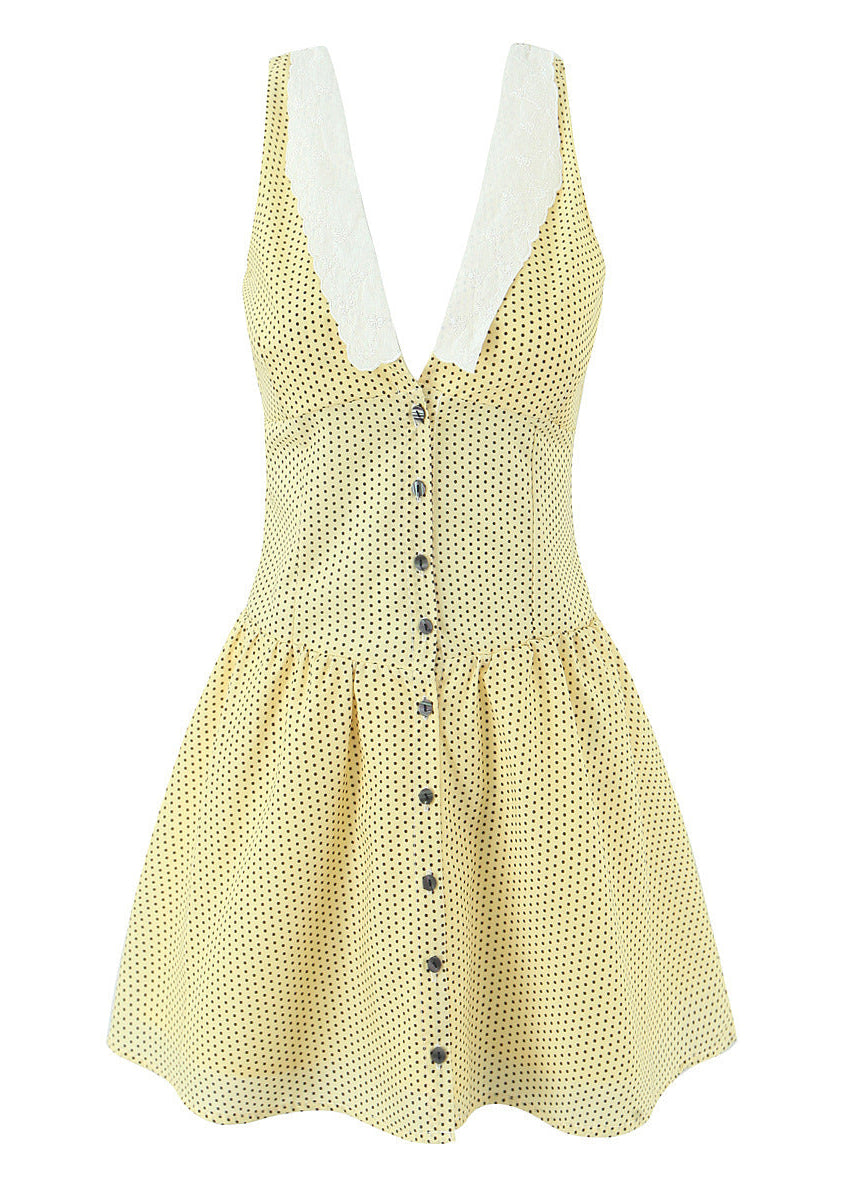 Romantic Lemon Polka Dot Lace Plunge Halter Mini Dress