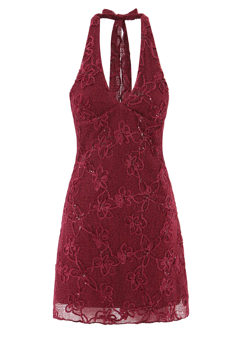 Burgundy Floral Mesh Velvet Lace Sequin Halter Mini Dress with Tie Back
