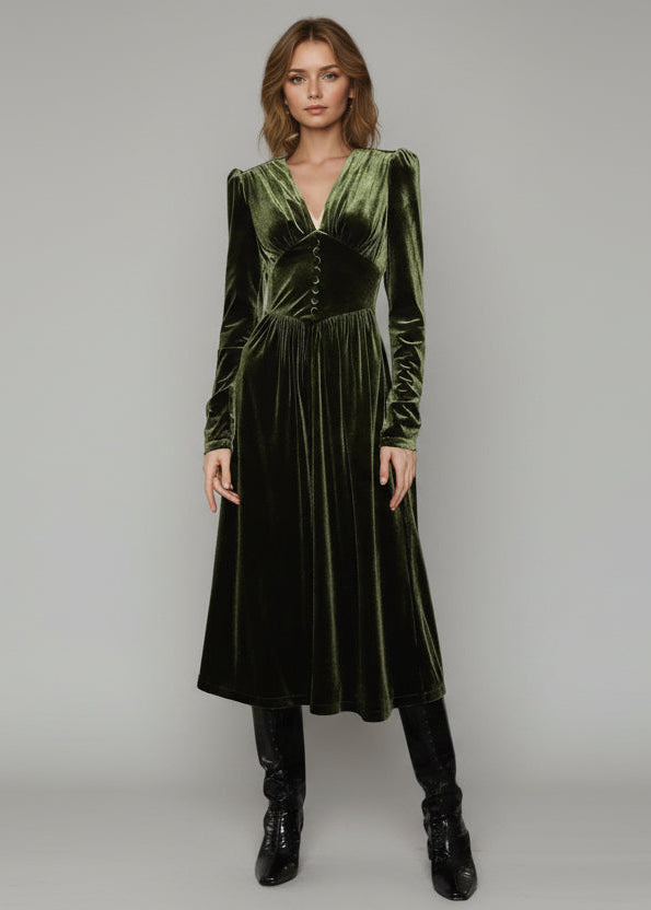 Emerald Velvet Corset Midi Dress | Romantic Boho Long Sleeve Button-Front Gown