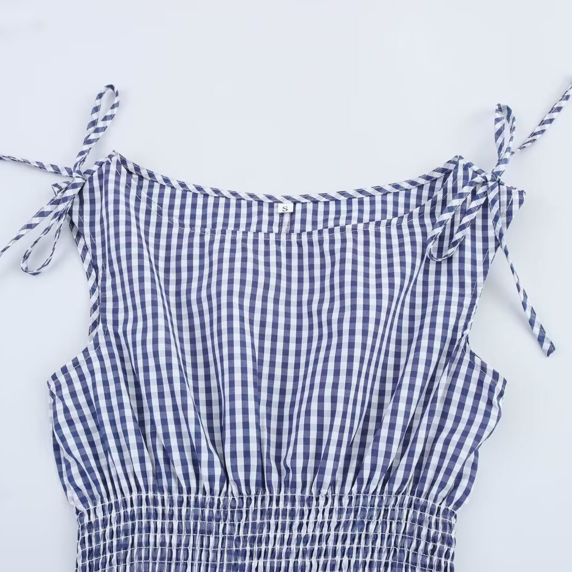 Navy Gingham Tie-Shoulder Midi Dress