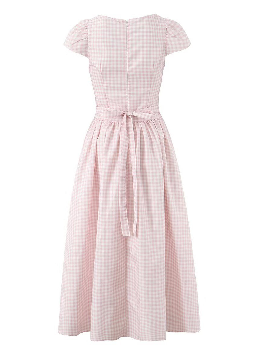 Blush Pink Gingham Corset Midi Dress | Romantic Boho Puff Sleeve Button-Front Gown