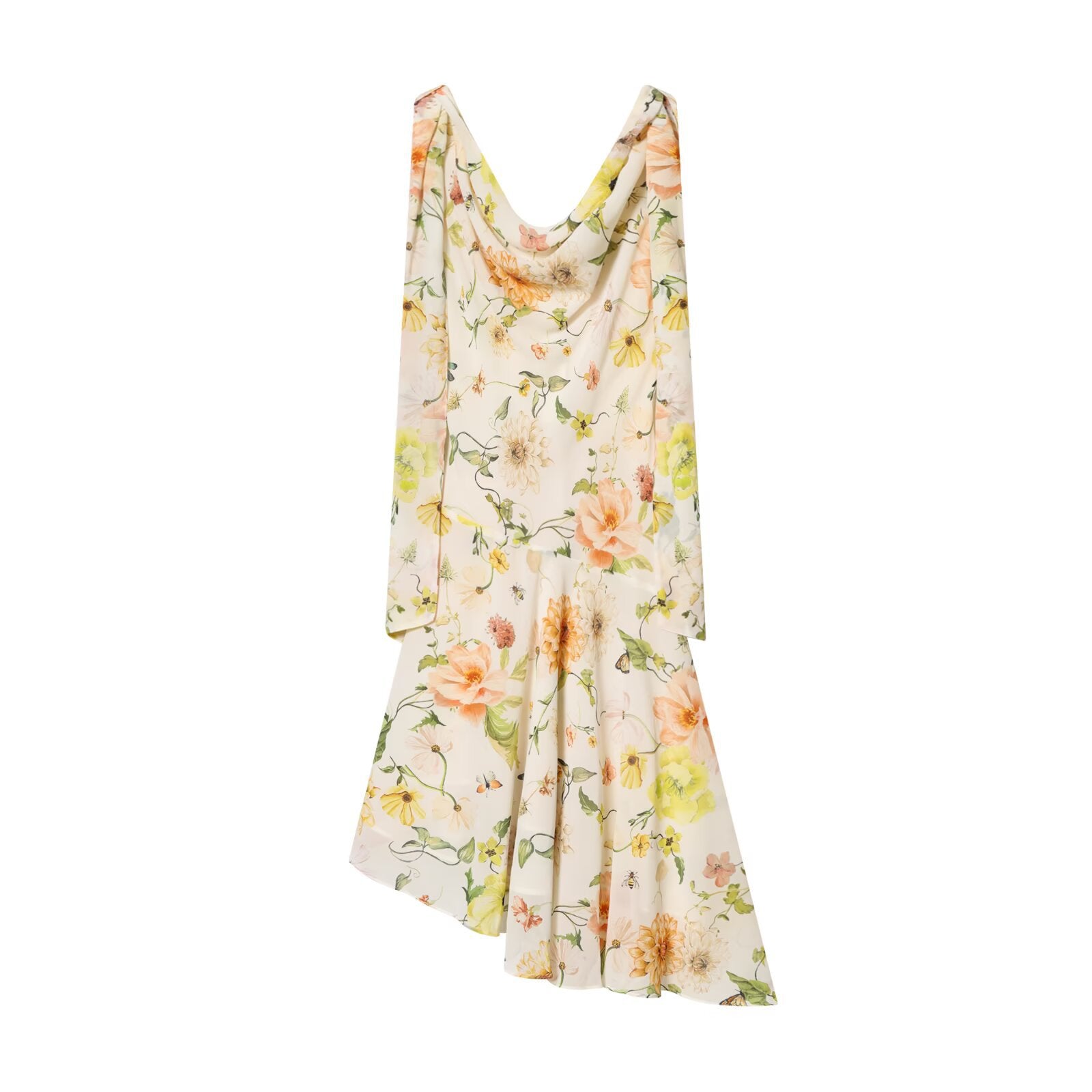 Floral Cowl Neck Asymmetric Ruffled Neckline Dress