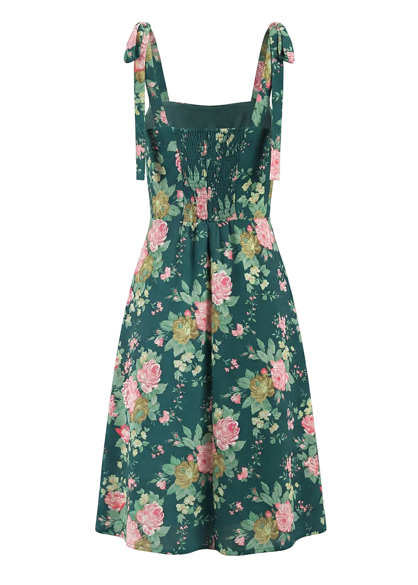 Emerald Rose Floral Tie-Strap Midi Dress