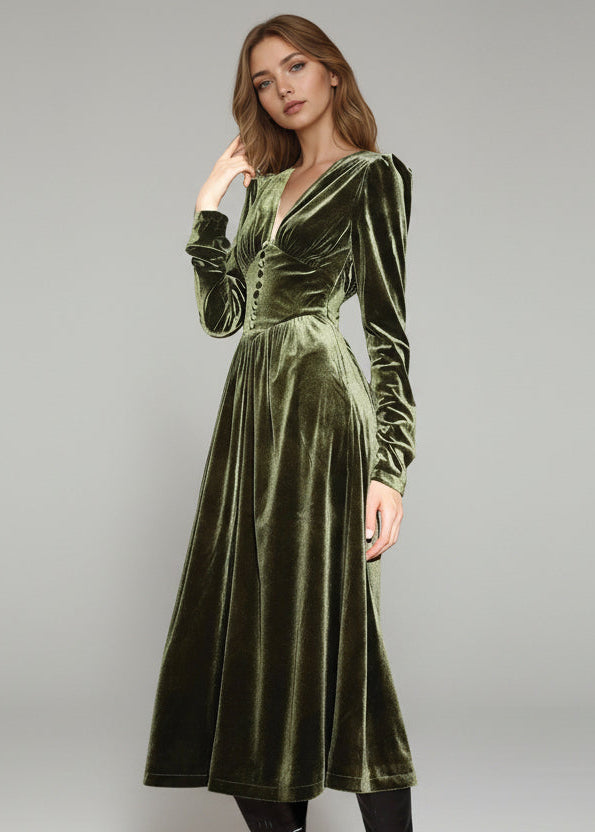 Emerald Velvet Corset Midi Dress | Romantic Boho Long Sleeve Button-Front Gown