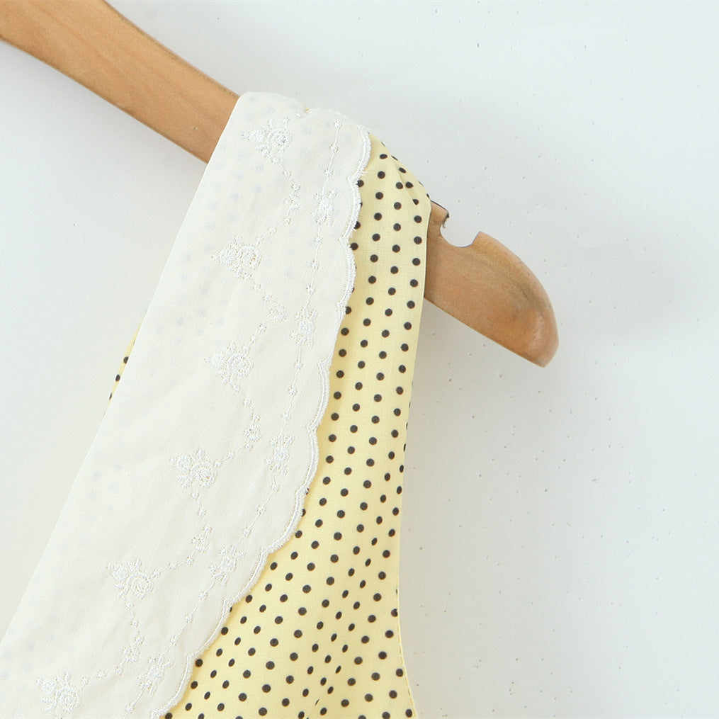 Romantic Lemon Polka Dot Lace Plunge Halter Mini Dress