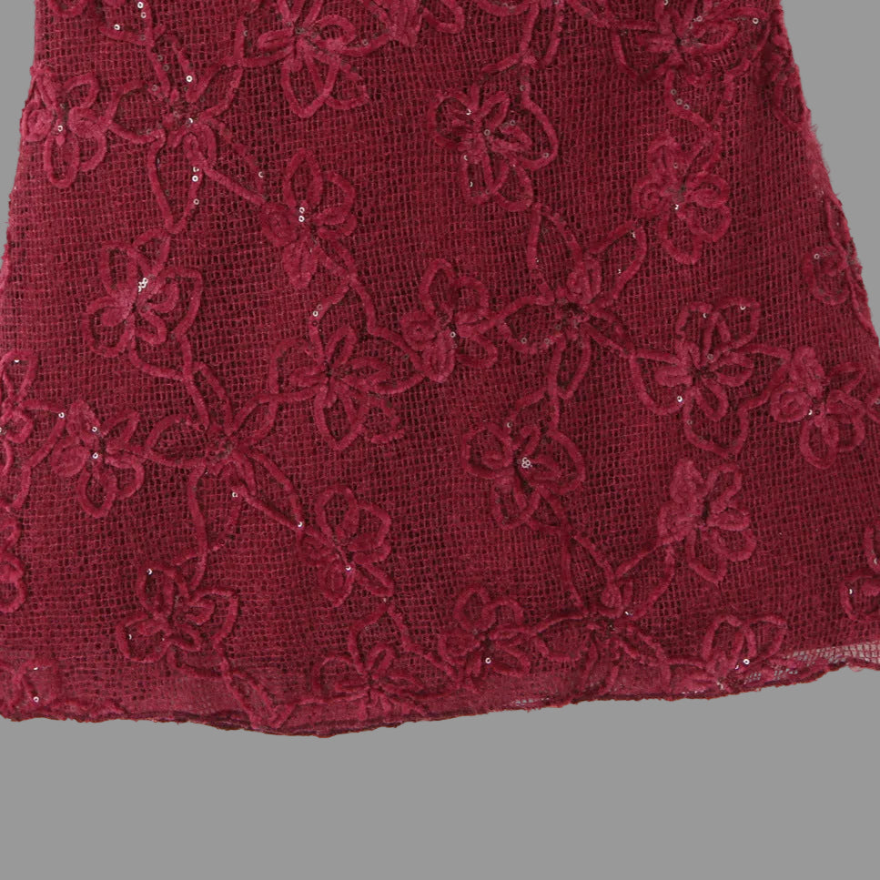Burgundy Floral Mesh Velvet Lace Sequin Halter Mini Dress with Tie Back