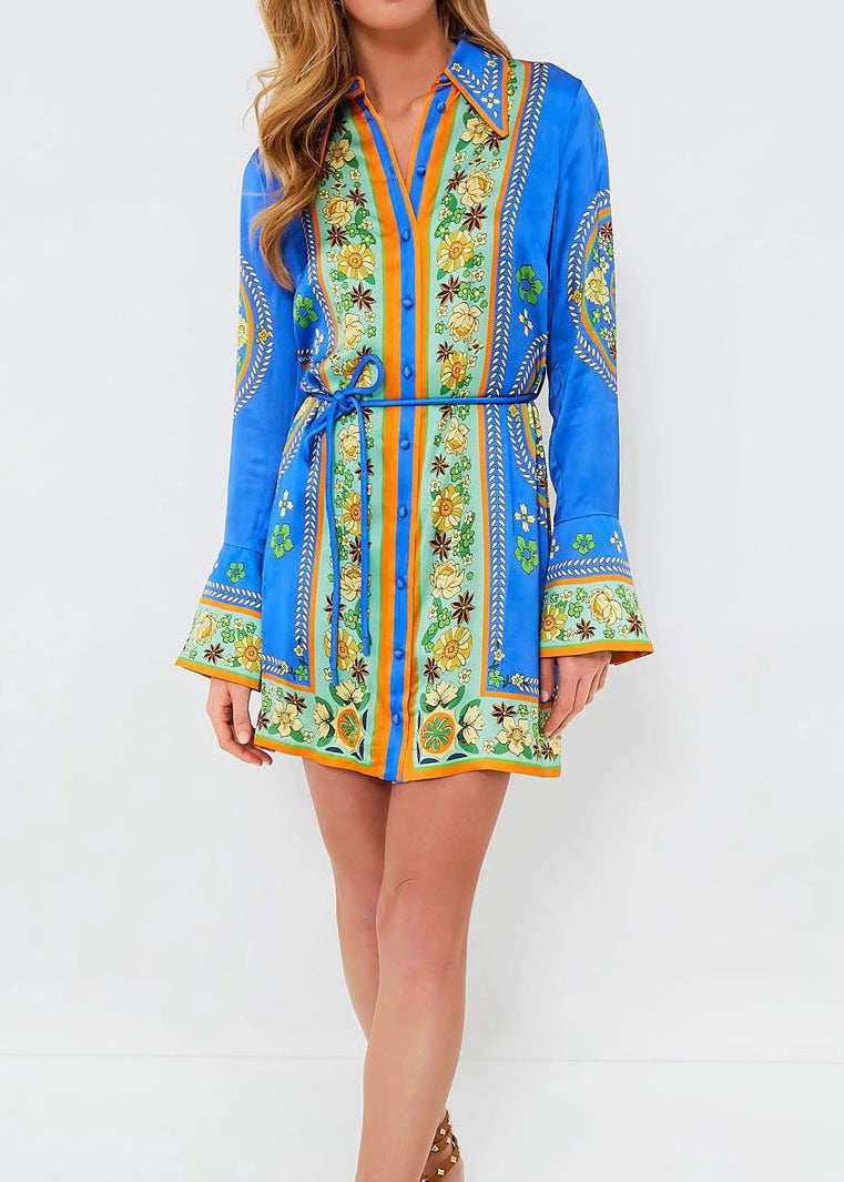 Vibrant Boho Printed Belted Shirt Dress with Flared Sleeves
