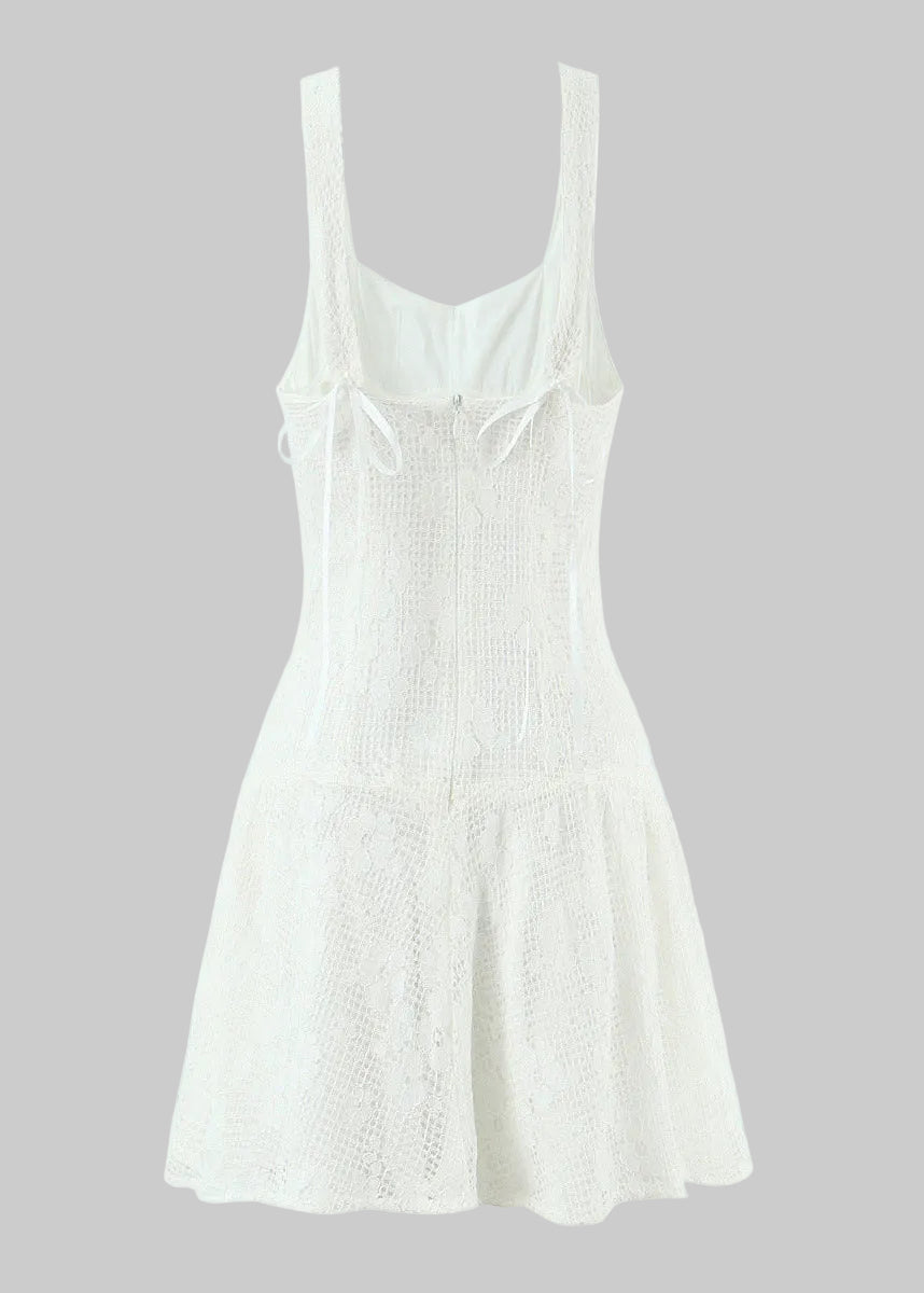 Romantic Boho Button-Front Sundress with Sweetheart Bow Lace Mini