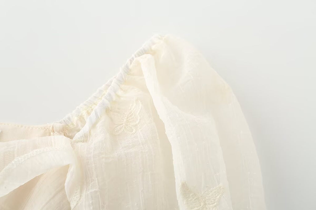 Boho Off-Shoulder Puff Sleeve Ruffle Fairy Gown in Cream