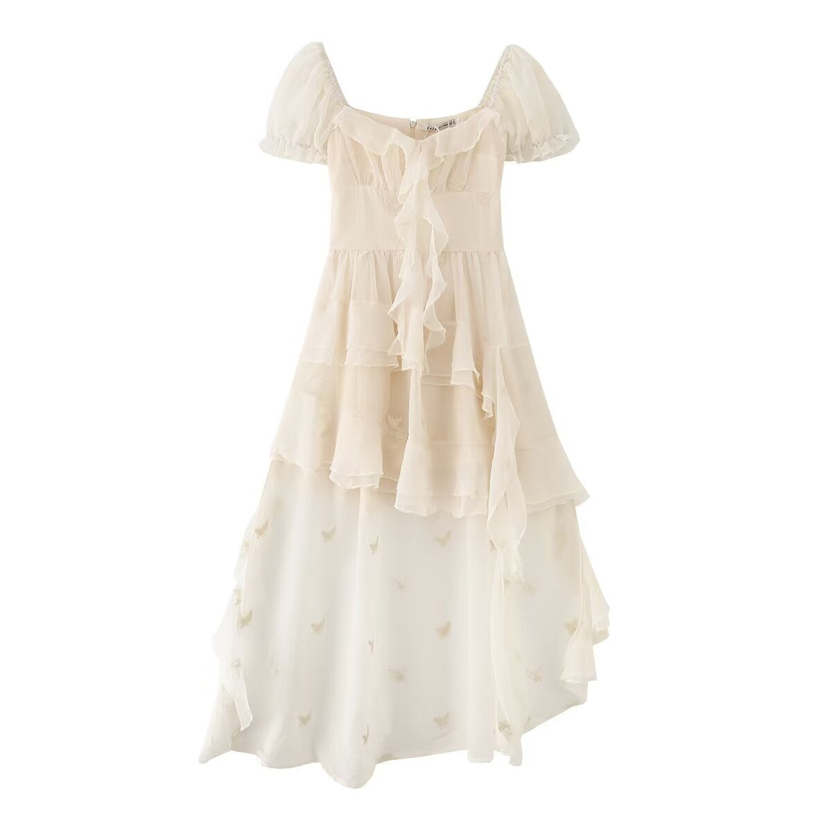 Boho Off-Shoulder Puff Sleeve Ruffle Fairy Gown in Cream