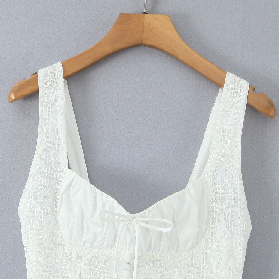 Romantic Boho Button-Front Sundress with Sweetheart Bow Lace Mini