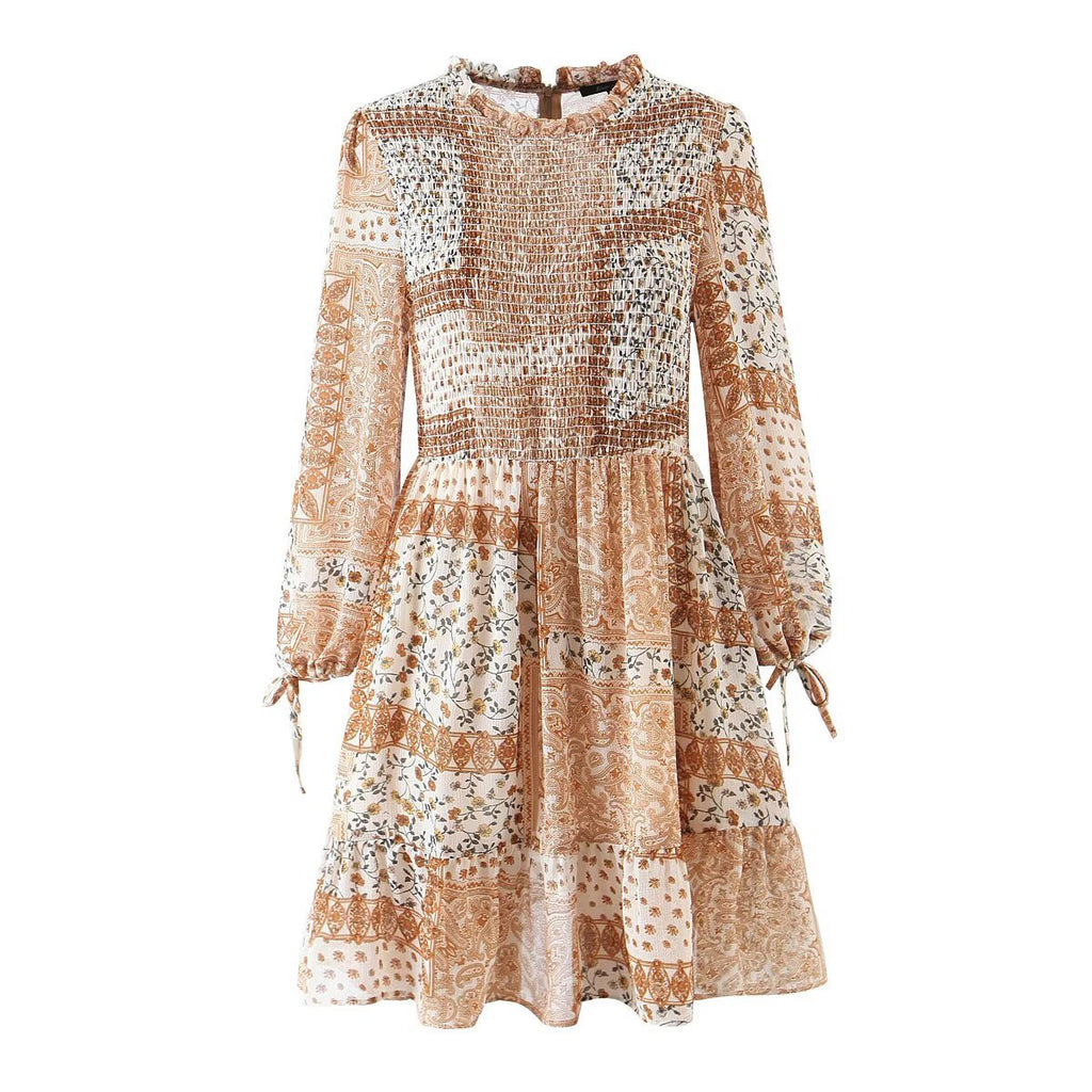 Boho Long Sleeve Shirred Ruffle Sundress in Warm Print (Available in Terracotta &