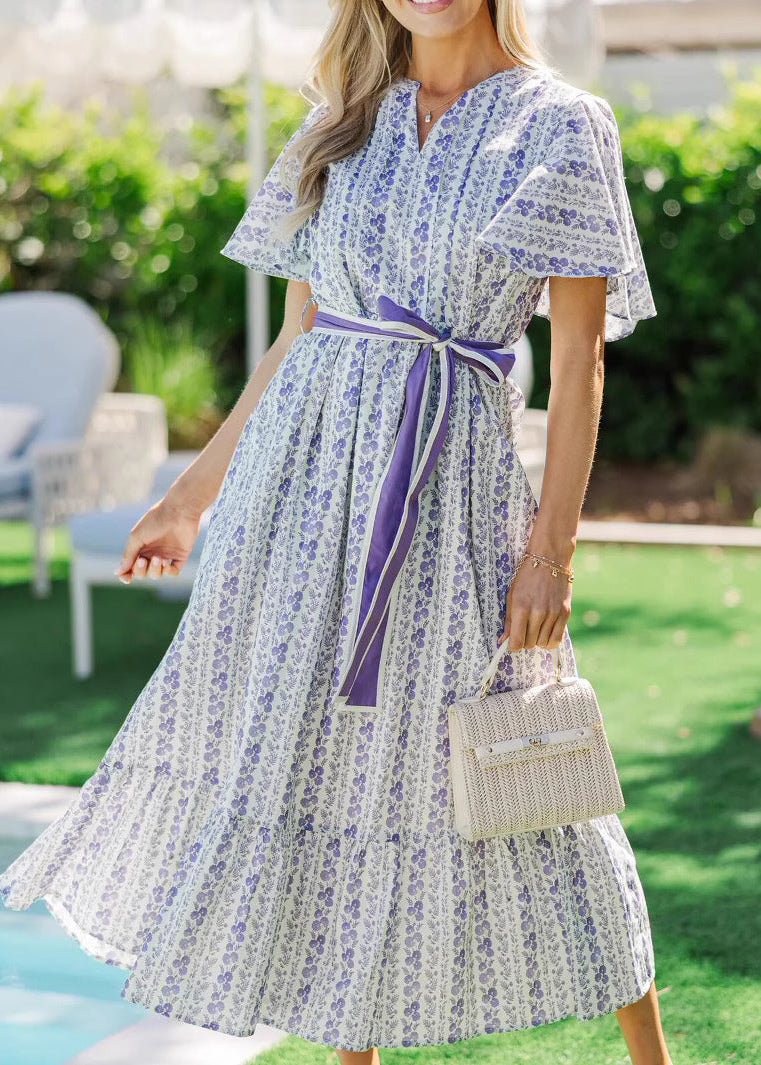 Bohemian Lilac Floral Belted Ruffle Midi Dress