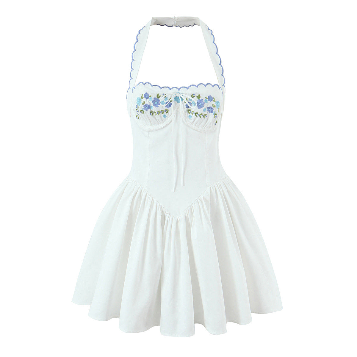 Ivory Embroidered Forget-Me-Not Halter Mini Dress
