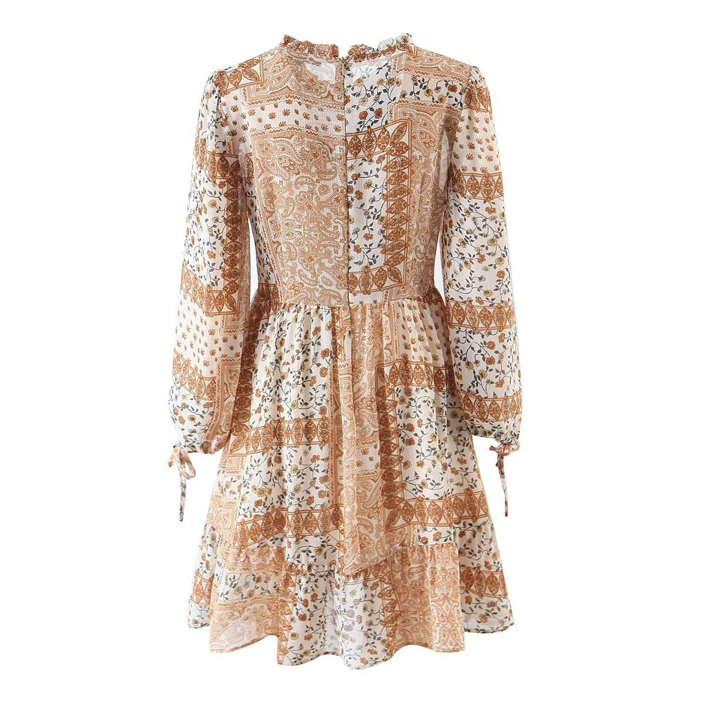 Boho Long Sleeve Shirred Ruffle Sundress in Warm Print (Available in Terracotta &