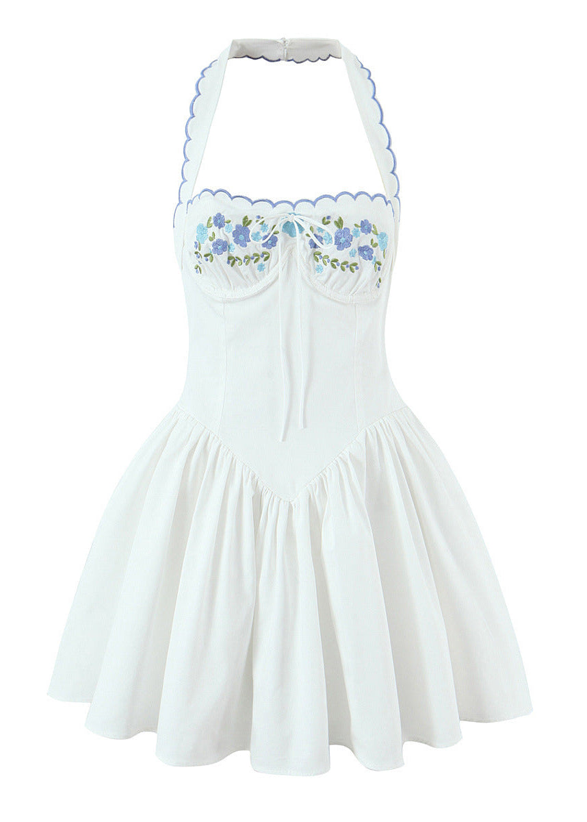 Ivory Embroidered Forget-Me-Not Halter Mini Dress