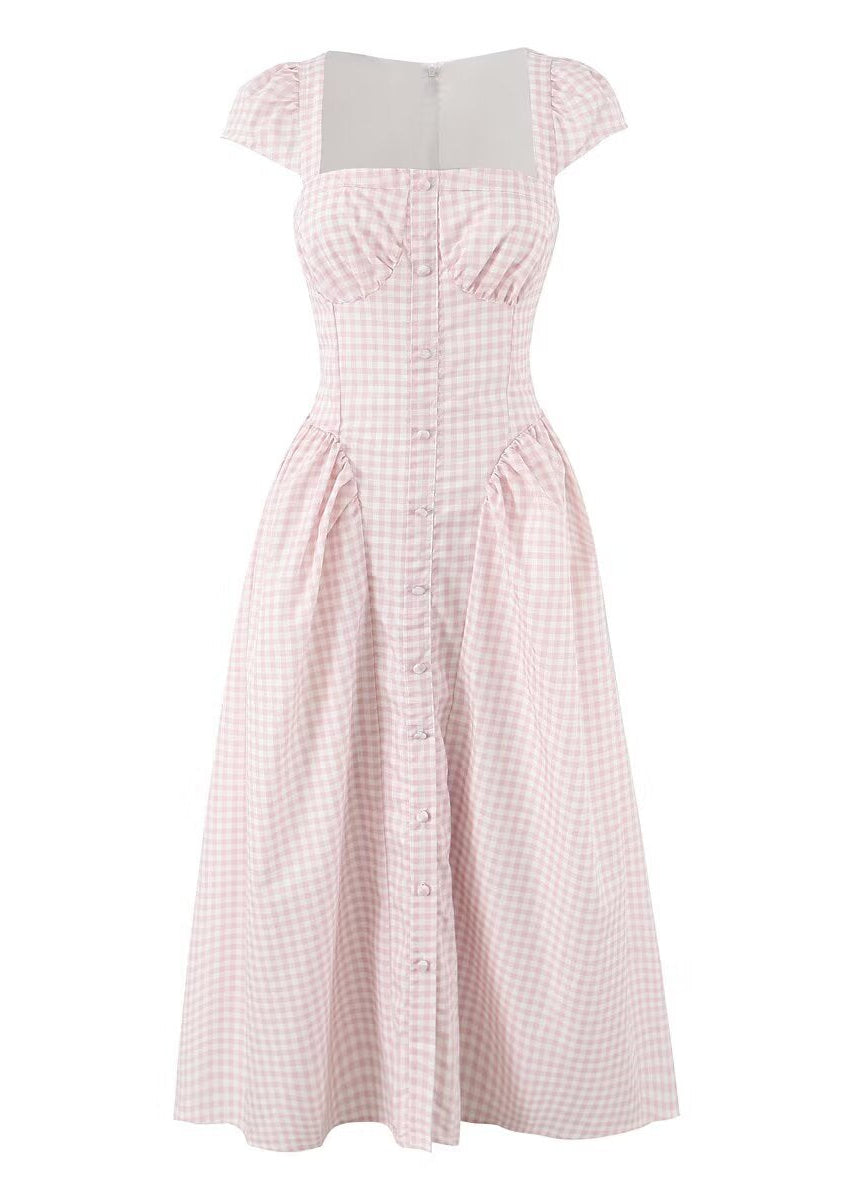 Blush Pink Gingham Corset Midi Dress | Romantic Boho Puff Sleeve Button-Front Gown