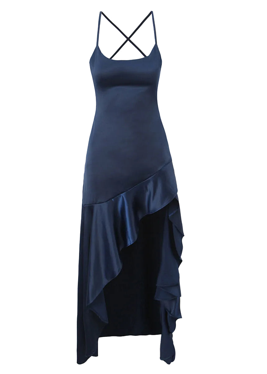 Midnight Navy Satin Asymmetric Ruffle Maxi Dress