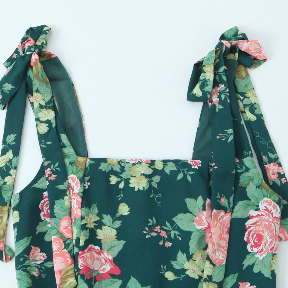 Emerald Rose Floral Tie-Strap Midi Dress