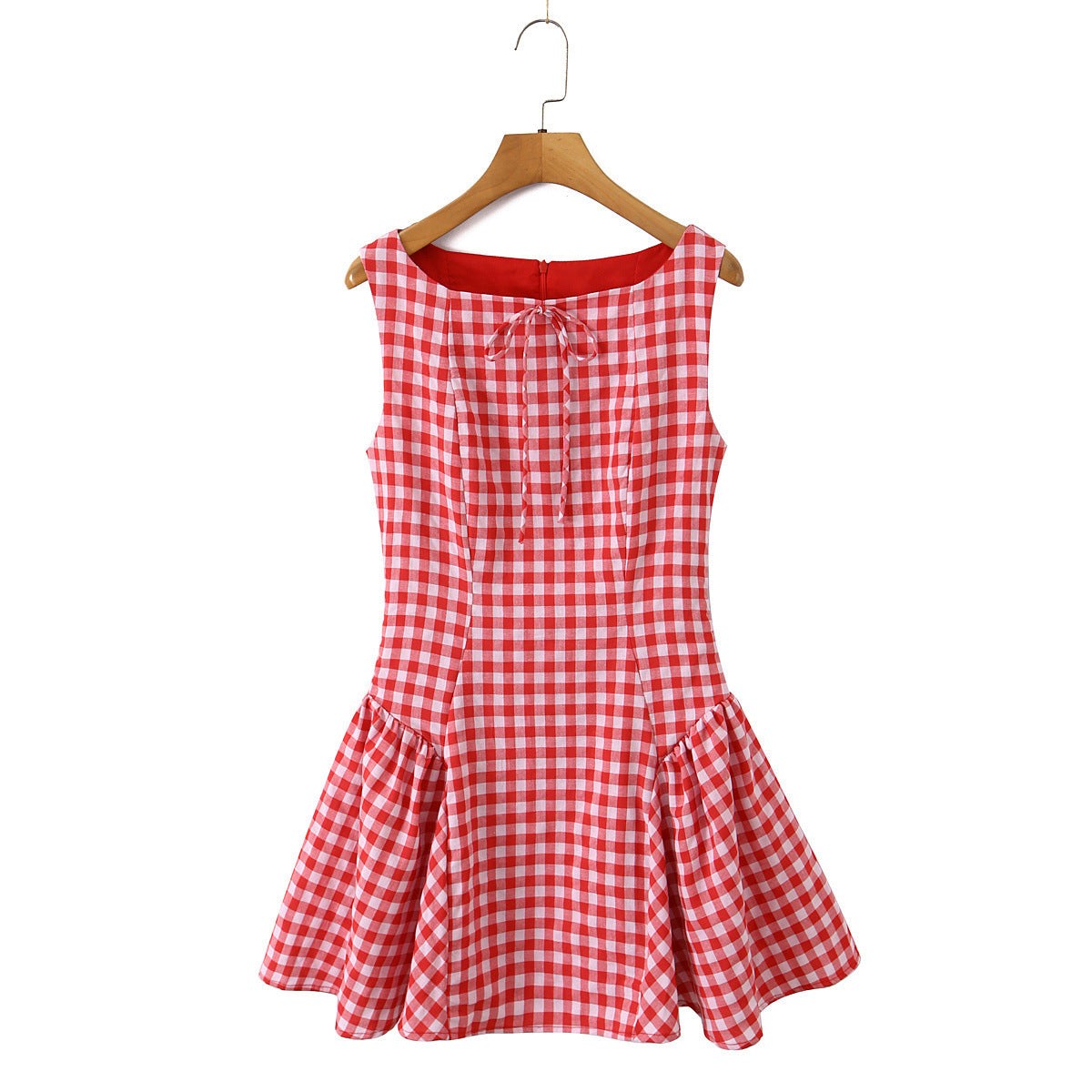 Gingham Boho Bow-Tie Neck Ruffle Hem Sundress in Red/White or Black/White Check