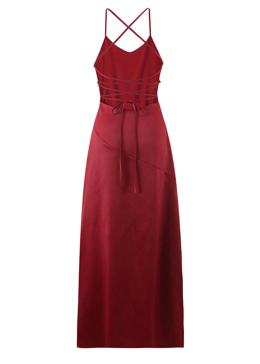 Burgundy Satin Asymmetric Ruffle Maxi Dress