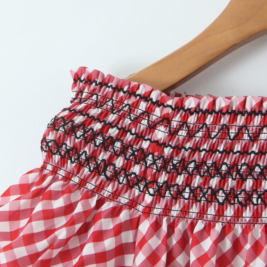 Red Gingham Off-Shoulder Ruffle Midi Dress