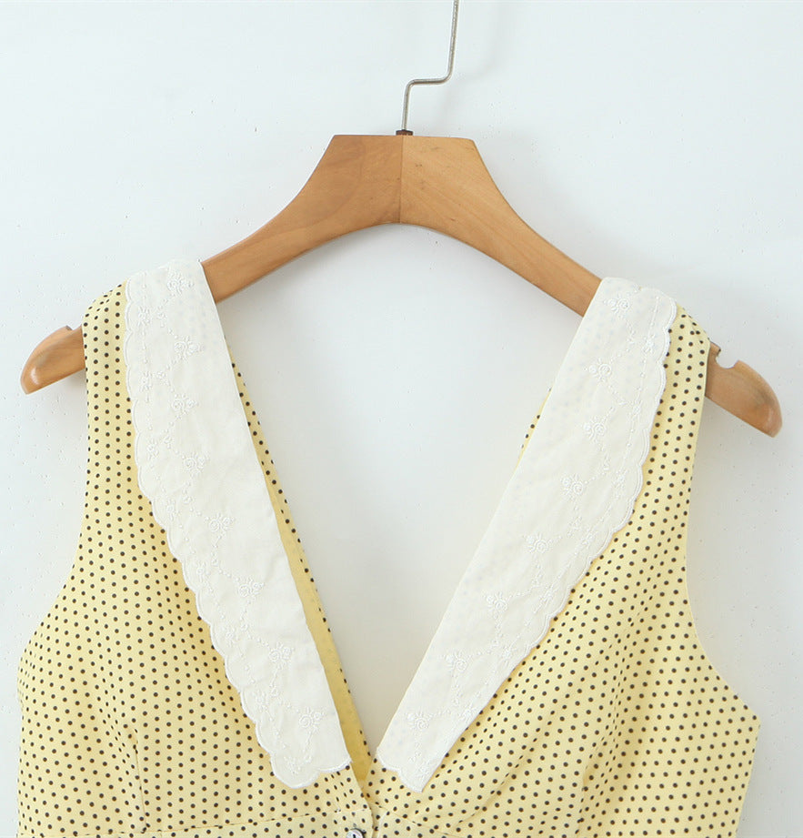 Romantic Lemon Polka Dot Lace Plunge Halter Mini Dress