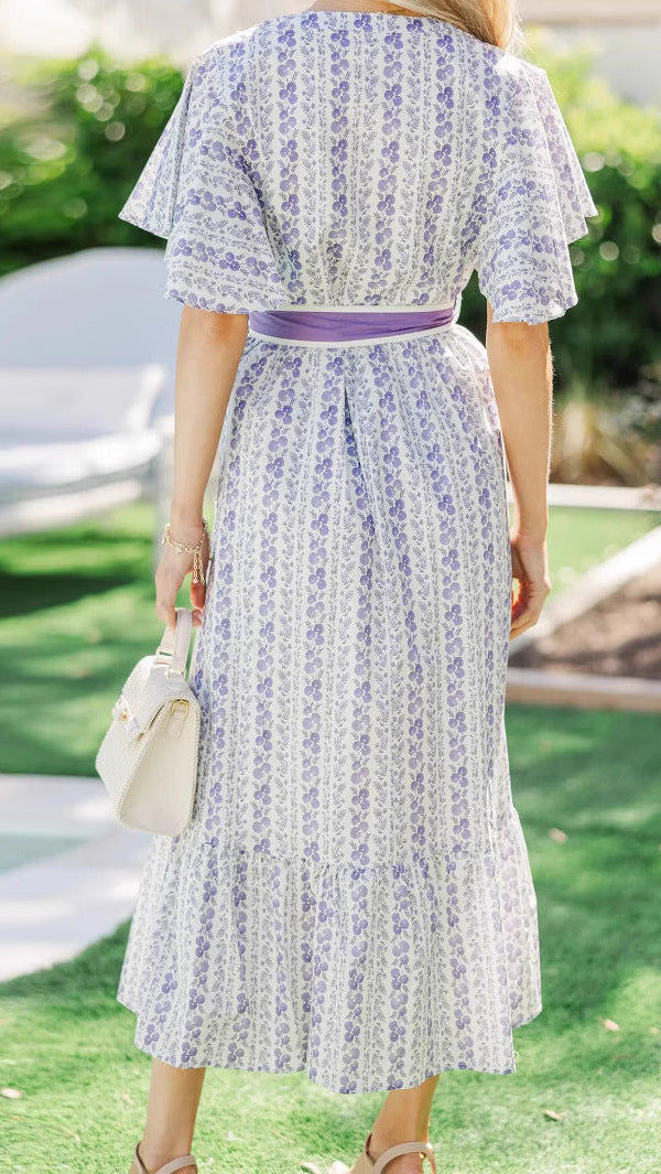 Bohemian Lilac Floral Belted Ruffle Midi Dress
