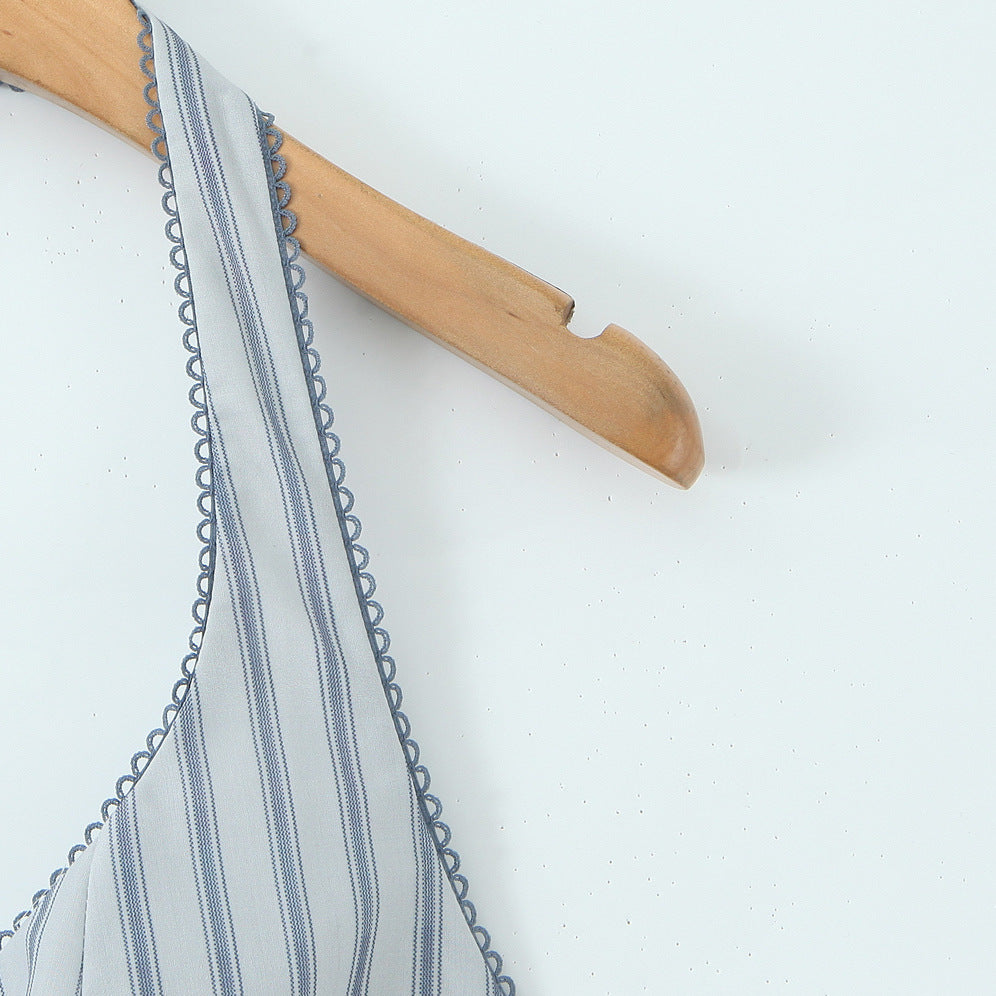 Blue Striped Lace-Up Halter Mini Dress