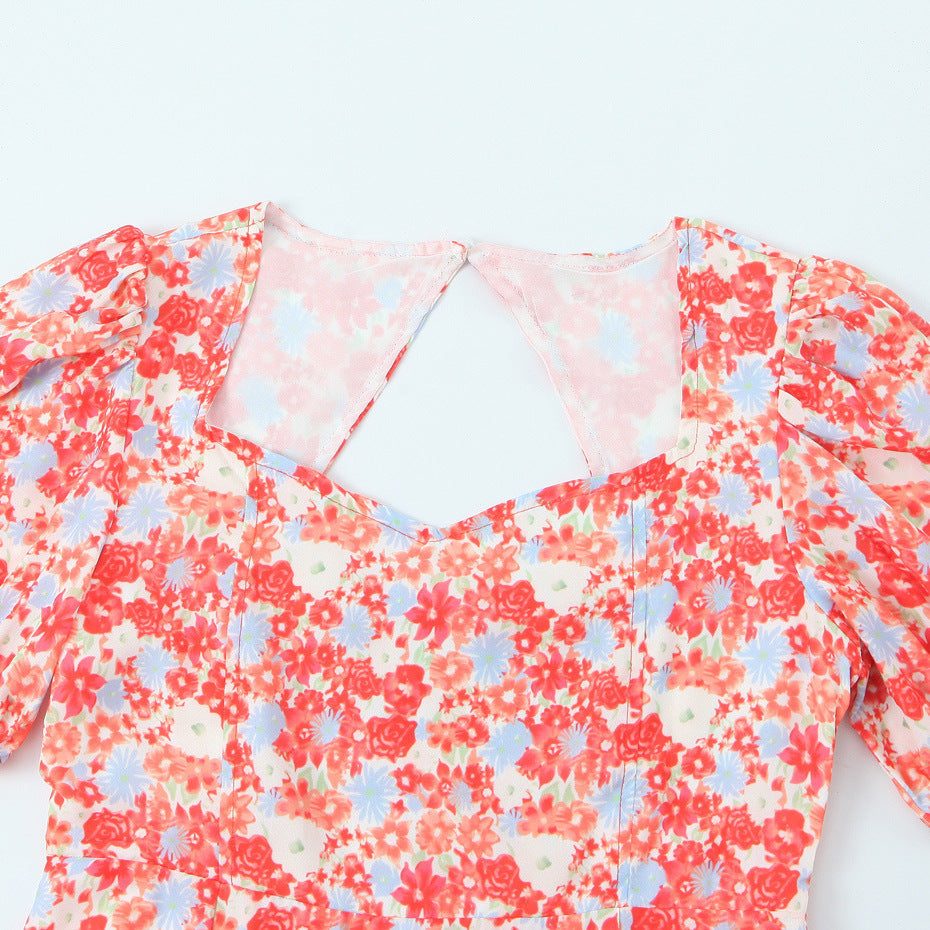 Red Ditsy Floral Puff Sleeve Mini Dress