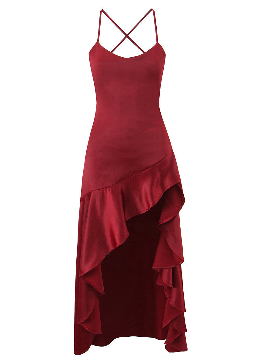Burgundy Satin Asymmetric Ruffle Maxi Dress