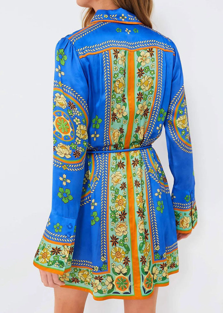 Vibrant Boho Printed Belted Shirt Dress with Flared Sleeves