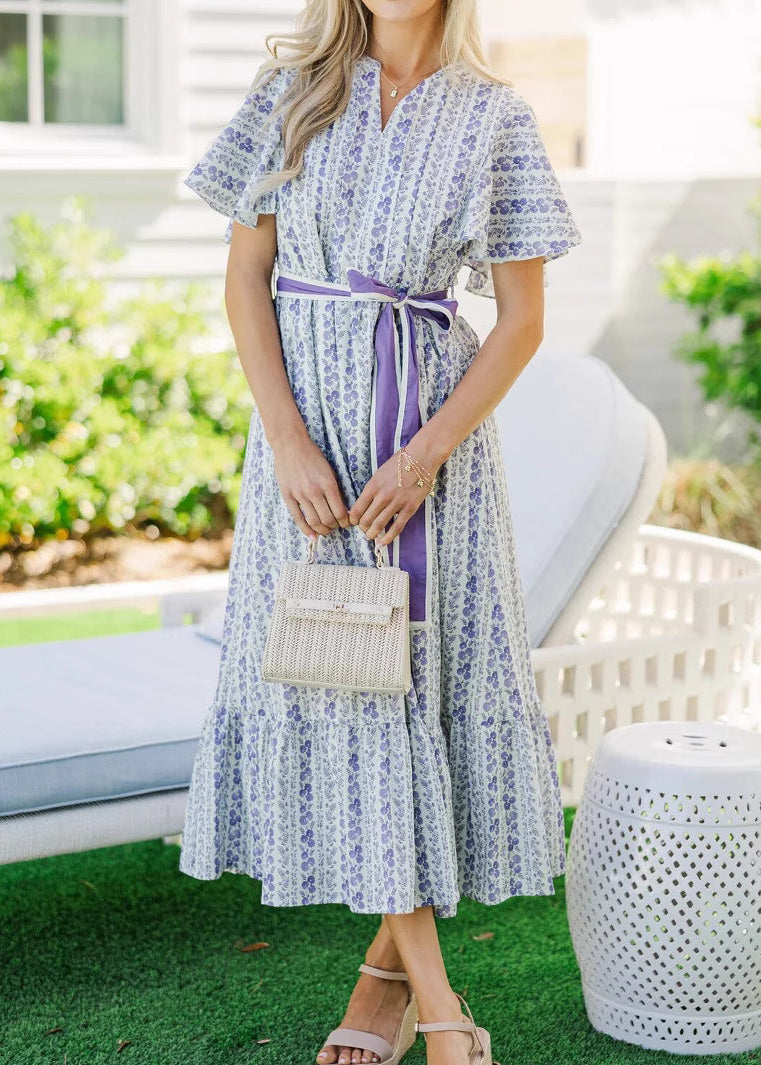 Bohemian Lilac Floral Belted Ruffle Midi Dress