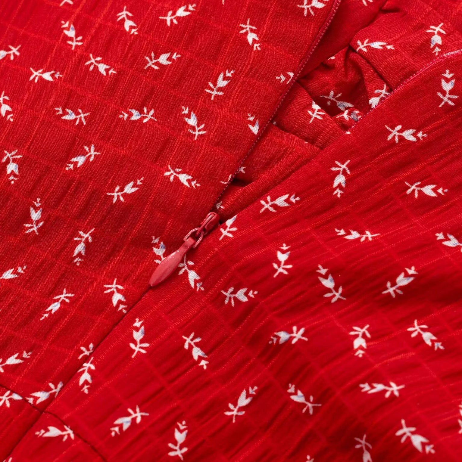 Red Ditsy Floral Smocked Midi Dress