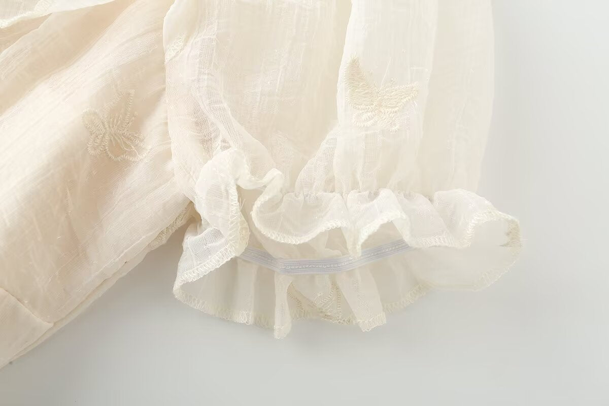 Boho Off-Shoulder Puff Sleeve Ruffle Fairy Gown in Cream